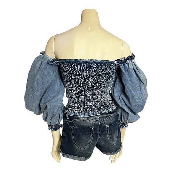 Something Navy Off-Shoulder Puff Sleeve Smocked Chambray Top Blue Women's S Chic - Picture 5 of 7
